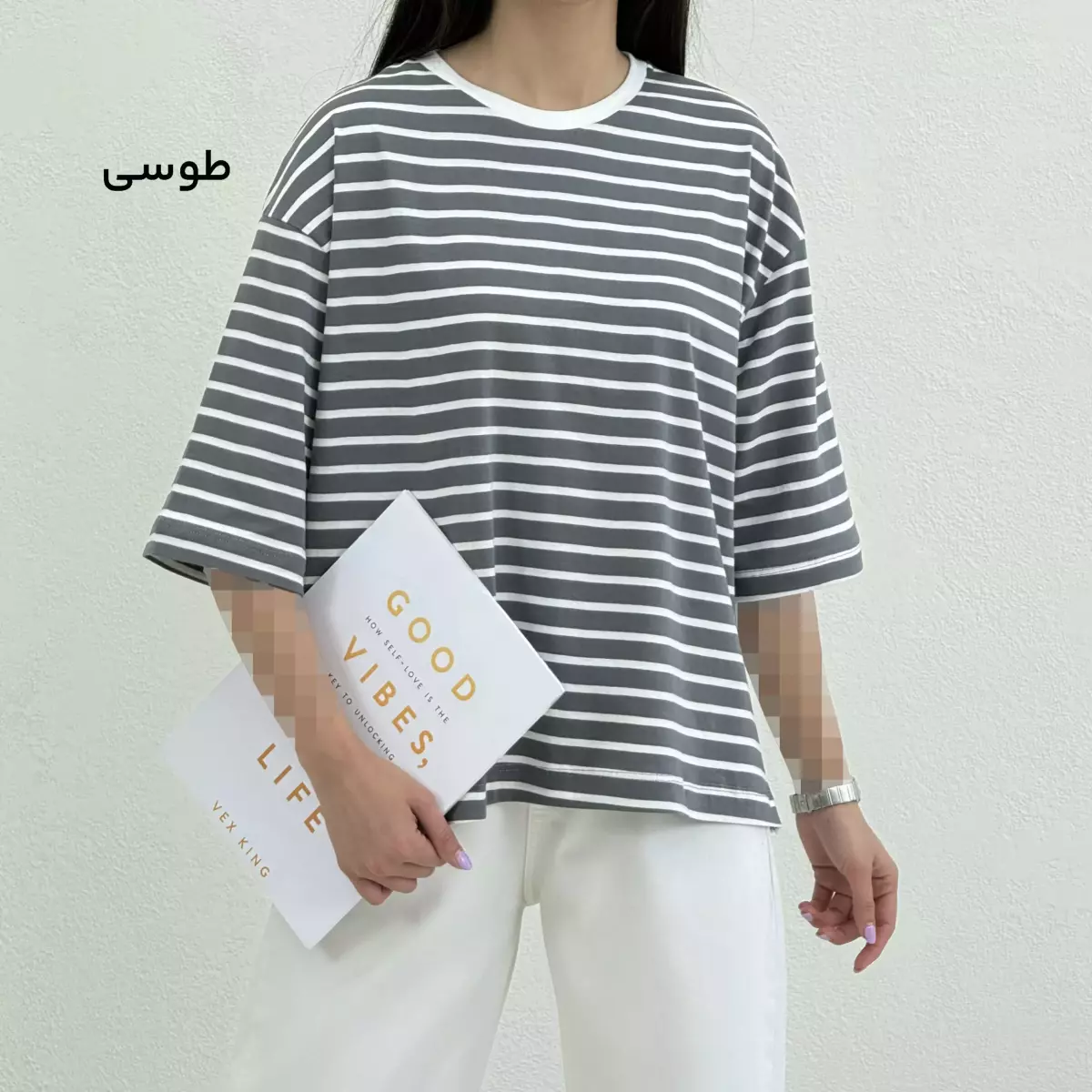 تیشرت باکسی زنانه راه راه چاکدار