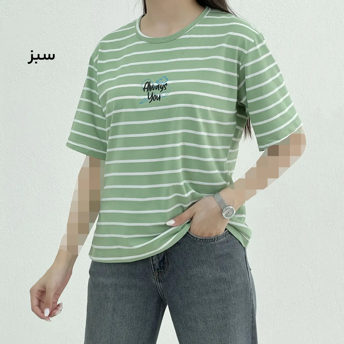 تیشرت زنانه یقه گرد راه راه گلدوزی| آی بولک
