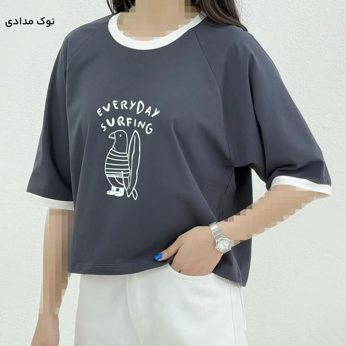 تیشرت کراپ زنانه طرح پنگوئن | آی بولک